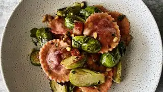 Beetroot & Fetta Agnolotti with Roasted Brussels Sprouts & Pancetta