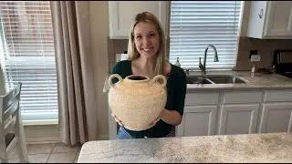 Vintage Round Ceramic Vase with 2 Handles, Handmade Large Farmhouse Rustic Decorative Flower Vase