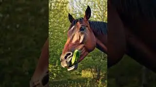 Brown horse with a flowing mane munches on a juicy green cucumber