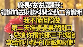 【完結】廠長姑姑提醒我：領證前去財務科開全勤工資證明，我不懂但照做，第二天准婆婆果然開口：兒媳 你攢的那三千塊錢，拿給你小叔子頂職進廠使！#有聲書 #年代
