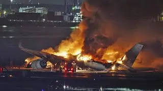 Plane engulfed in flames at Japan airport after collision kills 5 people.