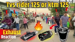 🔥Tvs rider 125 full system exhaust reaction 🥵  | akrapovic exhaust reaction 💀 |bunny helmet reaction
