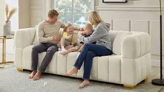 Oversized boucle sofa + accent chair &mdash; comfy for family time, safe for kids, and pet-friendly.