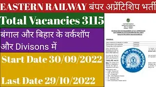 EASTERN Railway की बंपर 3115 APPRENTISHIP वैकेंसी | ITI Student Apprentice | #easternrailways |