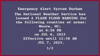 EAS Flash Flood Warning due to Dam Failure in Moore, NC + Tornado Warning for Alamance & Orange, NC