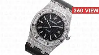 Custom Diamond Set Audemars Piguet Royal Oak Black Dial Black Leather Strap 15300 - Time4Diamonds