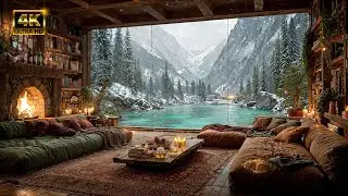 Snowy Mountain Serenity ☕ Warm Fireplace & Jazz Music for Stress Relief - 4K