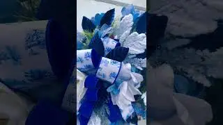 Blue Winter Magnolia Wreath &ndash; Hanukkah Wreath with White Magnolias, Blue Velvet & Farrisilk Ribbon