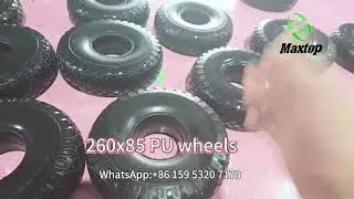 A variety of PU foam flat free wheels for wheelbarrows in production.