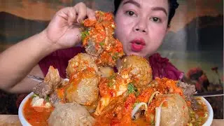 Pedasnya, bakso urat tenis extra full tetelan tulang sapi pake mie kuning sayur touge Mukbang