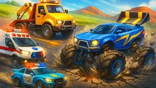 Monster Truck Stuck !! 🚓 Police Car & Crane Save | Police Vehicles fleet Cartoon