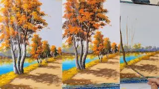 Step-by-Step Painting Autumn Trees Along a River and Road | Relaxing Landscape Art