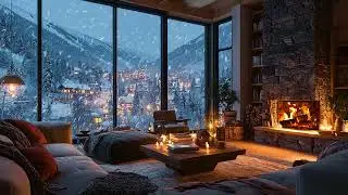 Warm Winter Cabin Atmosphere with Falling Snow and Gentle Fire Sounds for Sleep and Calm