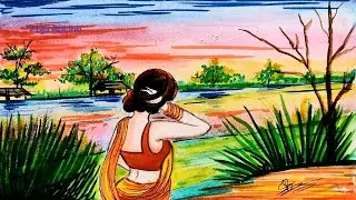Emotional Puja Scenery | Sunset drawing with Love | Beautiful Village scenery | Girl drawing 