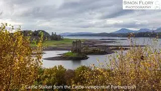 Castle Stalker and Loch Laich from Portnacroish near Appin in the Scottish Highlands on 27/10/2023