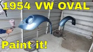 54 oval window beetle restoration - painting fenders - parts - hood prep