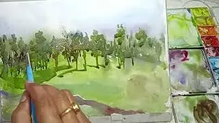 Watercolor Landscape Painting | Misty Trees and Sunlit Meadow