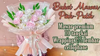 BUKET BUNGA MAWAR PREMIUM TEMA PINK-PUTIH WRAPPING 2&frac12;  LEMBAR CELLOPHANE