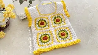 Crochet Easy Motif Baby Girl Sweater Vest /Tığ işi Kolay Motifli Kız Bebek S&uuml;veter yelek / 6 ay