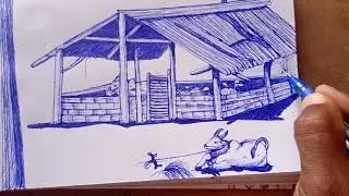 Village cattle house and bull drawing 🐂🐃🐐