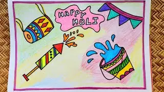 Easy Holi Drawing / Holi pichkari, dhol, color bucket drawing / Happy Holi drawing Greeting cards