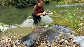 😱😱The clam king in the river surfaced, and the beauty grabbed it away. Wow, that golden pearl