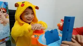 Pokemon PIkachu Liam plays Hasbo Hot Tub High Dive game with his bro