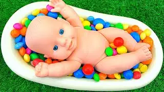Satisfying Video l Candy Mixing in Glossy BathTub with Grid Balls Slime & Rainbow Skittles ASMR