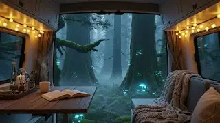 8 Hours Cozy Rain in a Magical Forest Van | Deep Sleep Ambience with Bioluminescent Glow