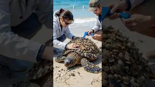 Brave Rescue Team saves injured Turtle covered in barnacles