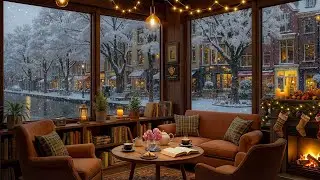 Beautiful Winter Coffee Shop ❄️ Relaxing Jazz Piano & Cozy Fireplace Ambience for Study, Work