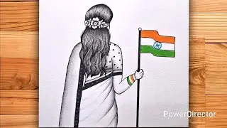 How to Draw Girl With Beautiful Indian Flag Drawing | Traditional Girl Drawing 