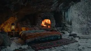Cave with Falling Snow & Fireplace Burning | Crackling Fire Sounds, Howling Wind for a Good Sleep