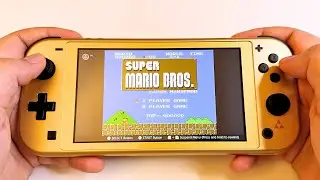 Playing Super Mario Bros on Nintendo Switch Lite Hyrule Edition (Classic NES Game)