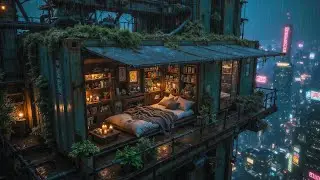Cyberpunk Rain Lo-fi Ambience for Study & Sleep | Cozy High-Rise Room, Neon City Night