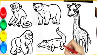 Wild Animals Drawing For Kids । Animals ka chitra । Janwar ka chitra । Wild animals drawing ,🦍🐊 🦏🦒🐒