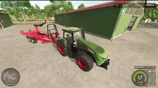 Abrir a cancela, pegar o trator + reboque de transporte e sair para buscar fardos redondos. 🚜🟤