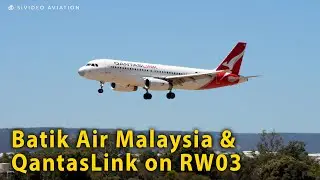 Batik Air Malaysia (9M-LRJ) departs and QantasLink (VH-VQU) arrives on RW03 at Perth Airport.