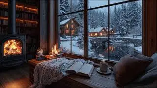 Beautiful Snowy Winter Coffee Shop Morning ❄️ Soft Piano & Fireplace Ambience for Study & Work