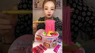 pink color noodles eating