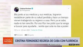 Florencia Kirchner vuelve con Cristina a la Argentina tras un largo tratamiento Cuba