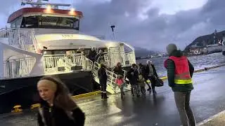 Kids in NORWAY go by boat and Bus to School by themselfs! Dark November 17' morgning Flor&oslash; Port 