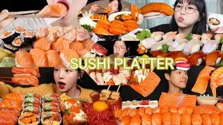 3X SPEED EATING SUSHI,SALMON ROLL PLATTER MUKBANG ASMR BIG BITES /*REAL_MUKBANG* SOUNDS😋