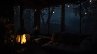 Rainy Night Ambience in Cozy Cabin | Fireplace Crackling Sounds for Sleeping