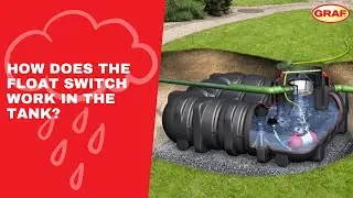 How does the float switch work in a rainwater harvesting tank?