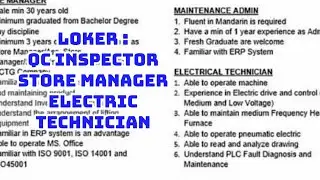 LOWONGAN KERJA QC INSPECTOR STORE MANAGER ELECTRIC TECHNICIAN