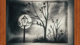 How to Draw Scenery of Moonlight Night by pencil sketch, Love Birds Scenery Drawing