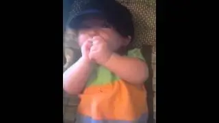 Baby mason Mitchell wishes a big hello to his nana in Engla