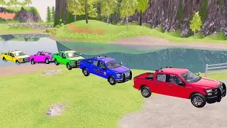 Police Trucks vs IMPOSSIBLE Color Bridge! Extreme River & Cliff Challenge - FS22