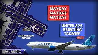 United Boeing 777 rejects takeoff and declares MAYDAY due to cargo door issue. Real ATC